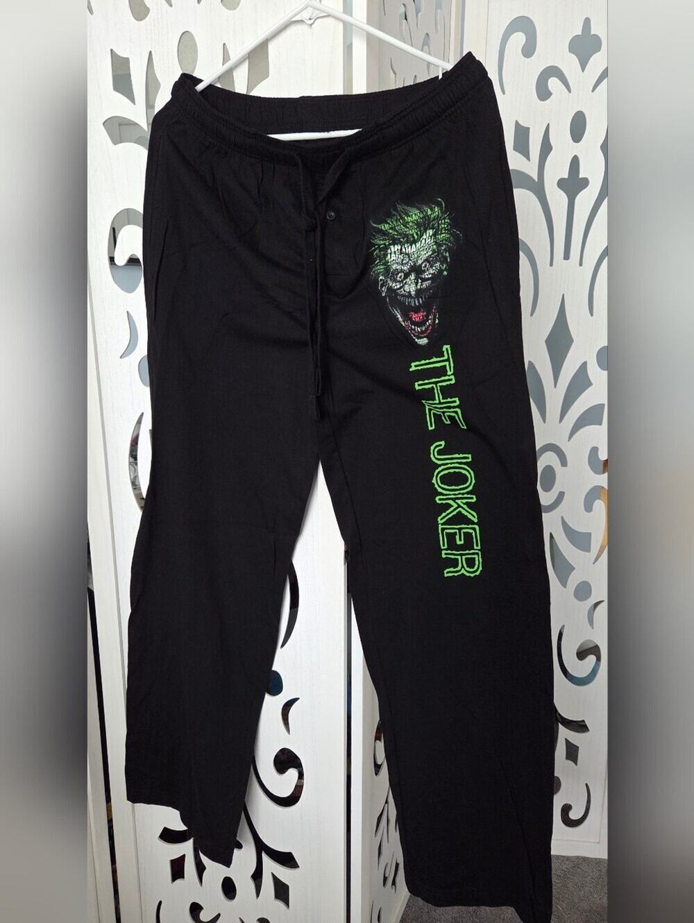 Batman The Joker Black Lounge Pants Small DC Comics Pajama Sleepwear Green Text